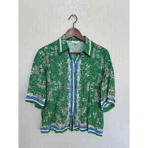 Max Studio Indie cropped button down blouse xs green blue boho floral y2k boxy